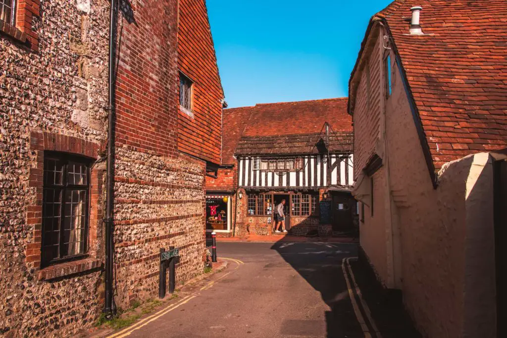 A small road between the medieval buildings on the walk into Alfriston. 