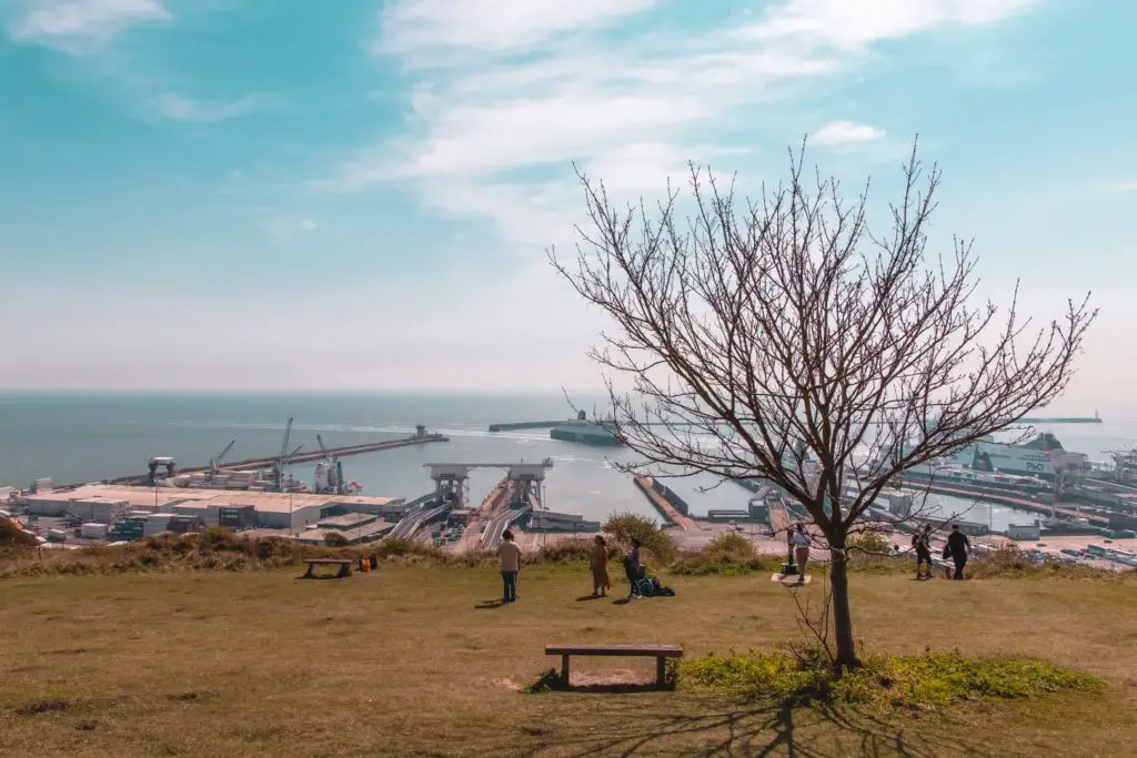 Open green overlooking the port of Dover at the start of the dover cliffs walk.There is a tree and bench on the green grass. The sky is blue.