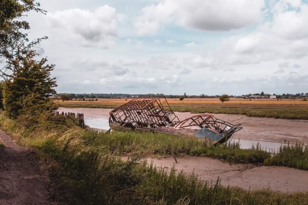 The skeleton of a boat laying on the river bed on one of the trail walks from Faversham.