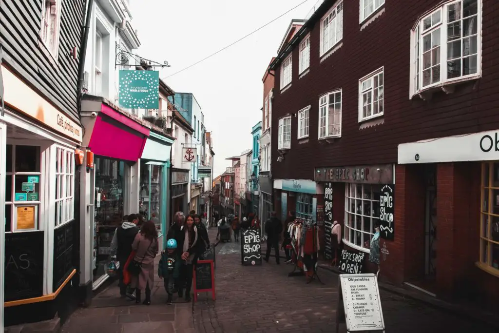 Folkestone town centre. A small side street lines with independent shops. Folkestone town centre. 