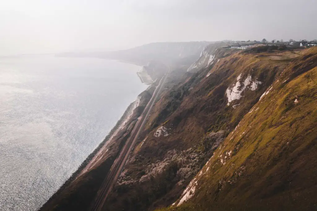 Birdseye view from the south east coast path of the railway line running from Folkestone to Dover. 