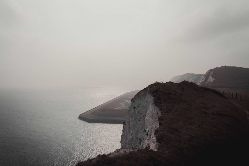 White cliffs when hiking from Folkestone to Dover on a misty day. 
