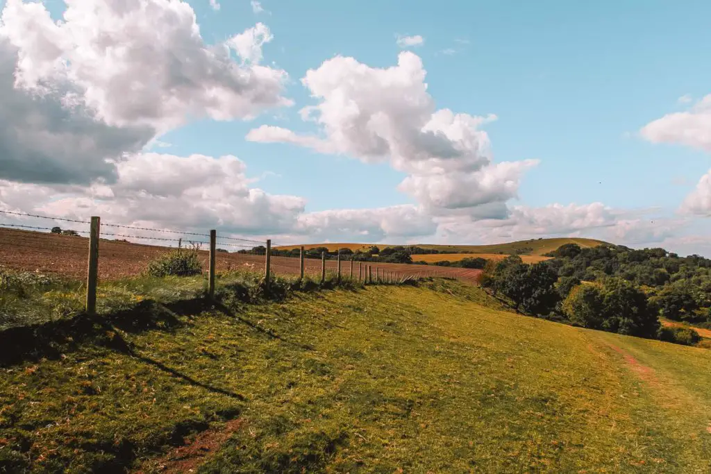 A green grass field, with a fence on the left, trees and hills in the distance on the first hill walk out of Hassocks.