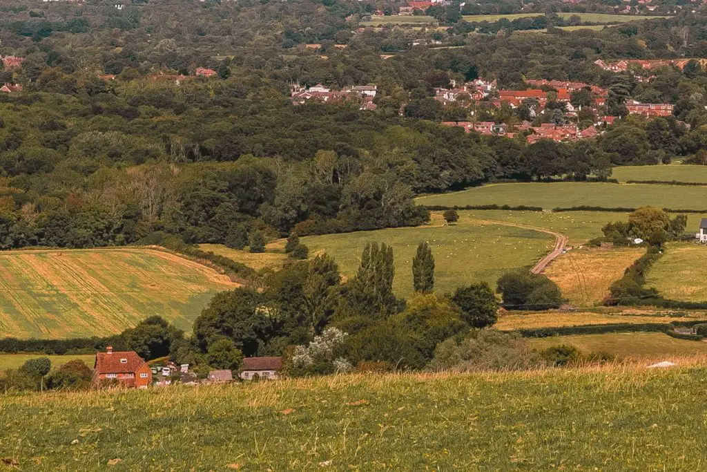 Looking down to Hassocks and its red rooftops, surrounded my trees and bushes on the walk From Hassocks to Lewes.