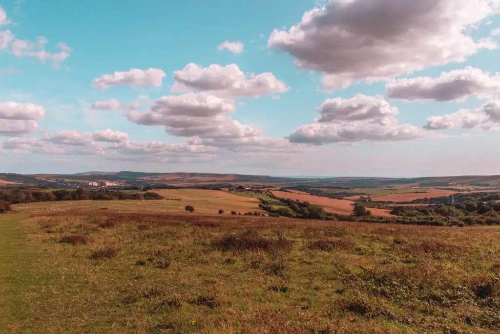 Views over the South Downs, with its fields in different shades of green and orange on the walk from Hassocks to Ditchling Beacon and Lewes.