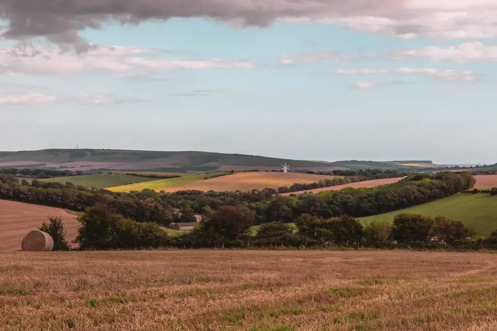 A cropped field with fields in the background of different shades of green and orange and a white windmill in the distance.