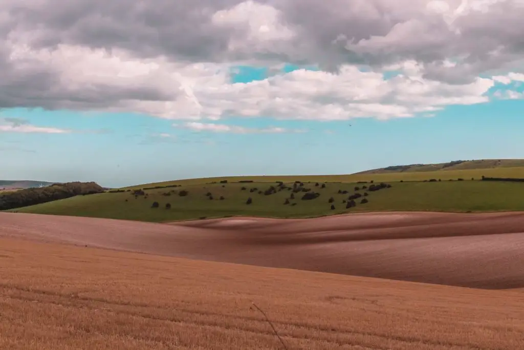 Three fields blending into each other with their different colours on the walk from Lewes to Southease. Orange, chocolate and grey. Then meeting the blue sky and white fluffy clouds on the top of the frame.