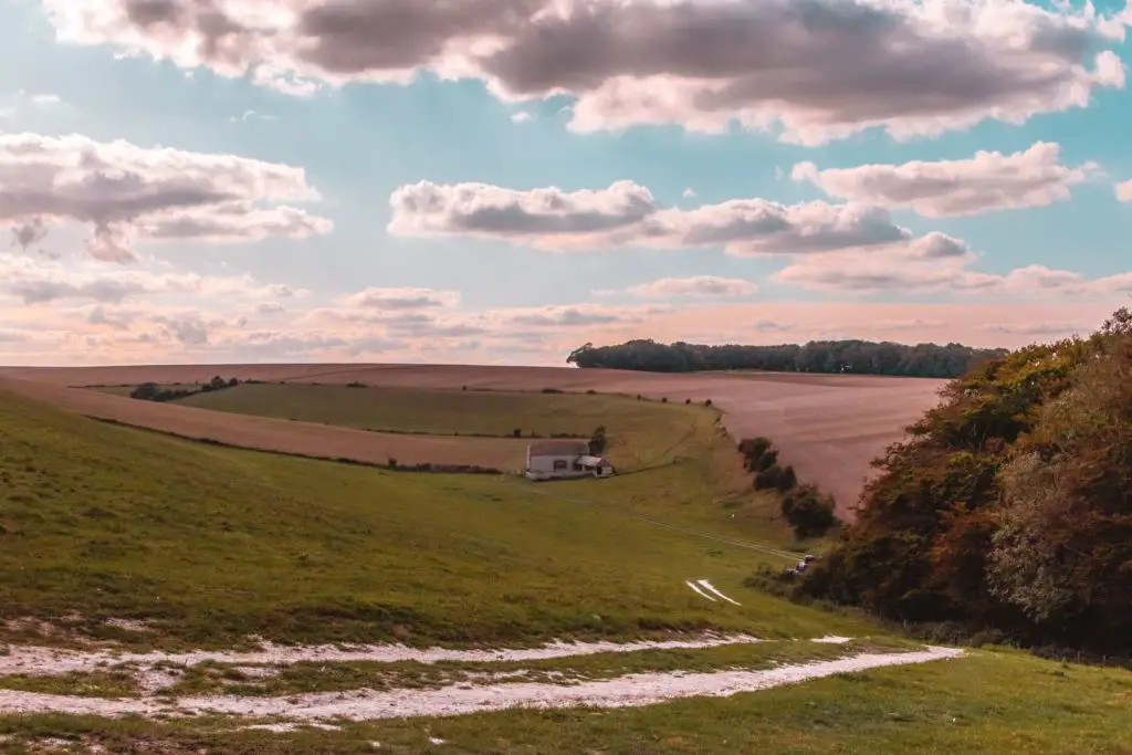 Green and chocolate coloured undulating fields with a small house in the middle.