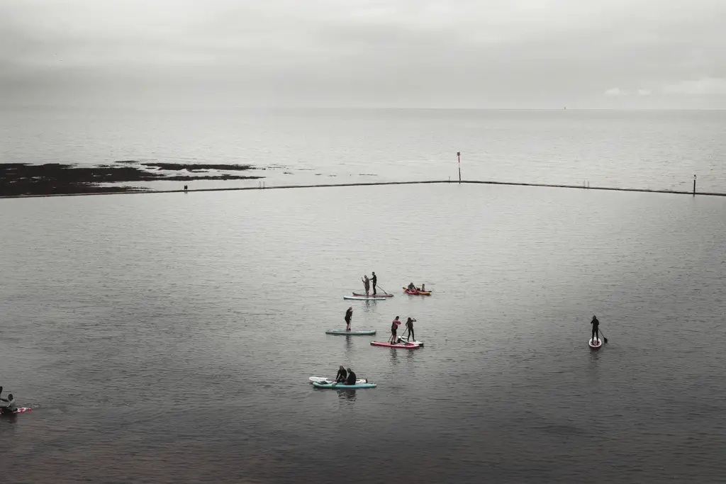 A view looking down at the stand up paddle boarders on an overcast day.