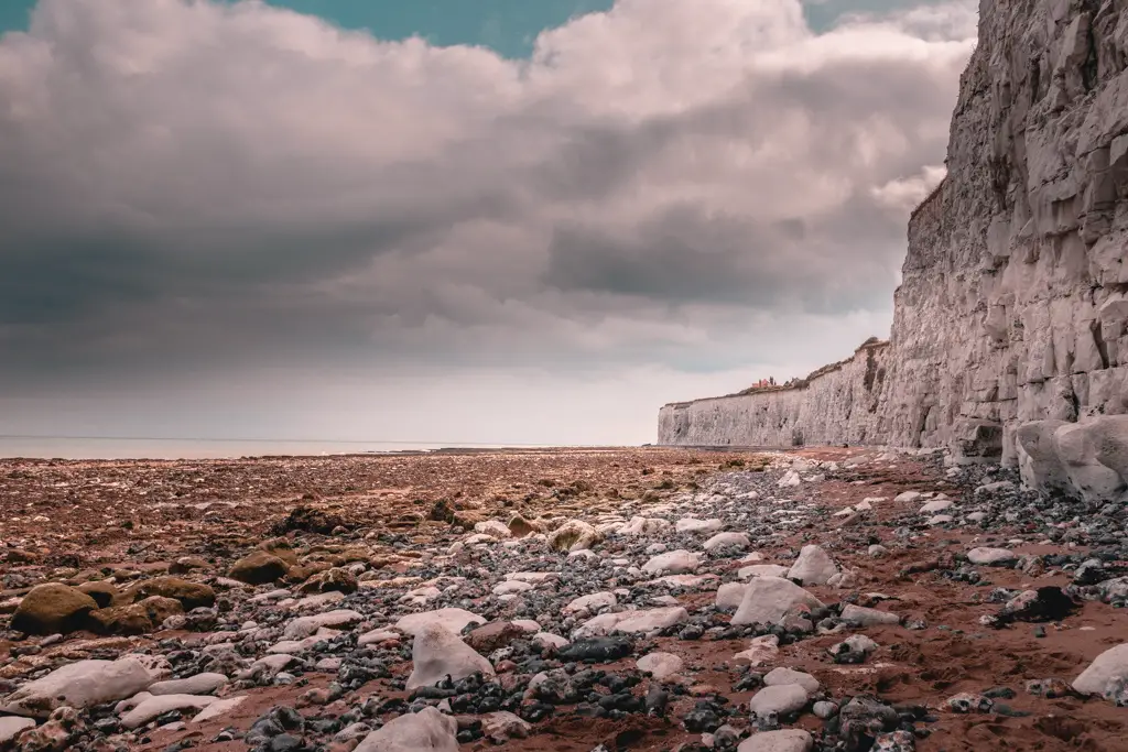 Walking on the rocky sea bed with the white cliffs to the right.