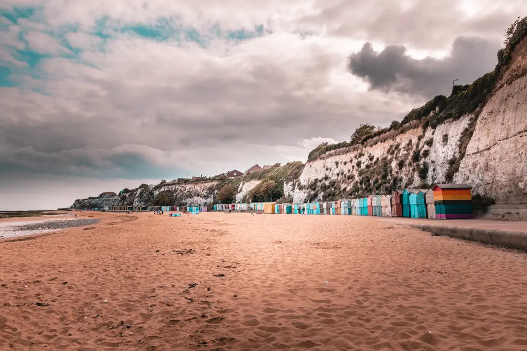 Beach huts underneath the white cliffs on the walk from Margate to Broadstairs.
