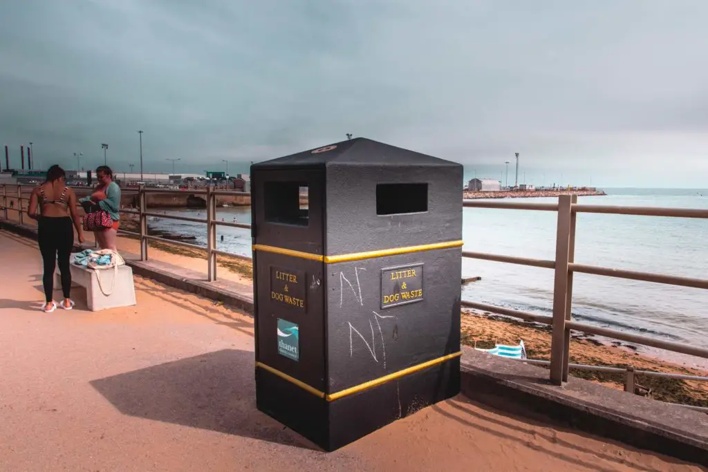 A very large bin by the ocean when walking from. Ramgate to Sandwich.