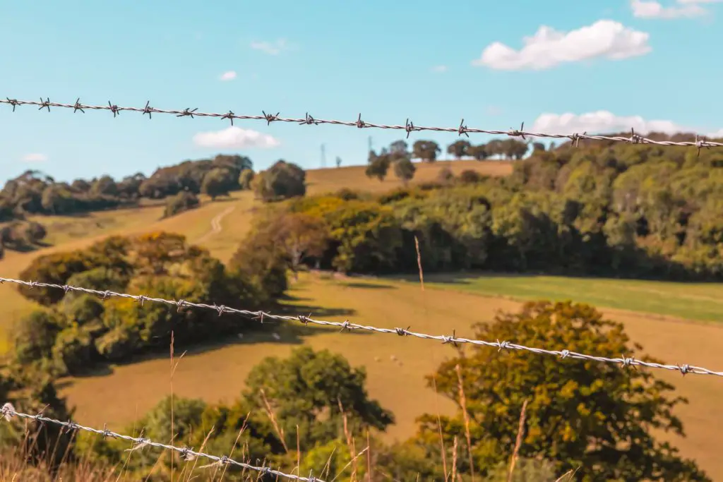 Three barbed wires of the fence in focus, with out of focus green and orange coloured field and trees in the background with a blue sky when hiking near Lewes.