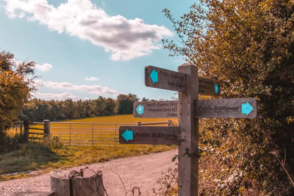 Signage in focus pointing in 5 directions for either the public bridalway or South Downs Way.