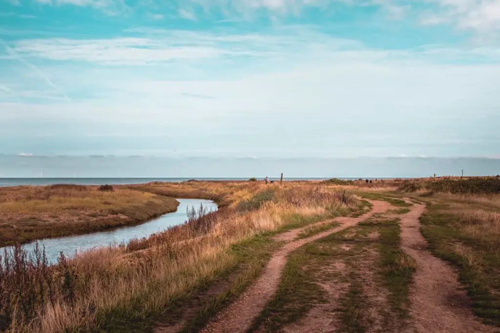 Dirt trails through grass with a small river on the left leading to the sea.