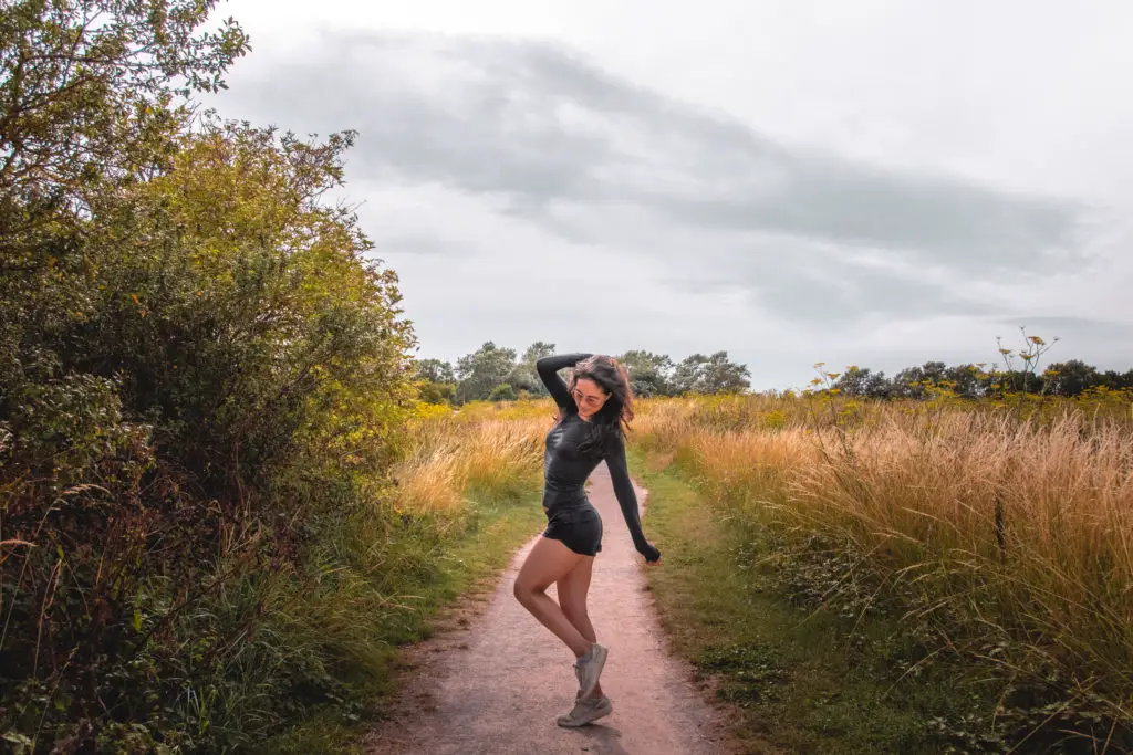 Zoe tehrani posing on the trail on the walk from Ramsgate to Sandwich.