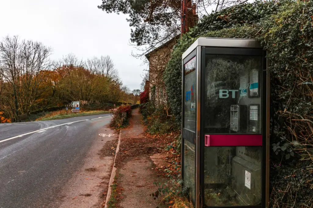 A telephone box on the side of the road on the Todd Crag walk.