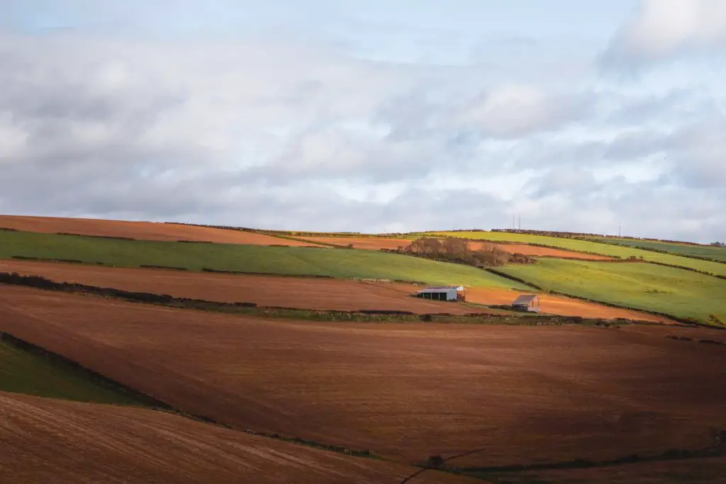 A hillside view of orange and green fields and a small building.