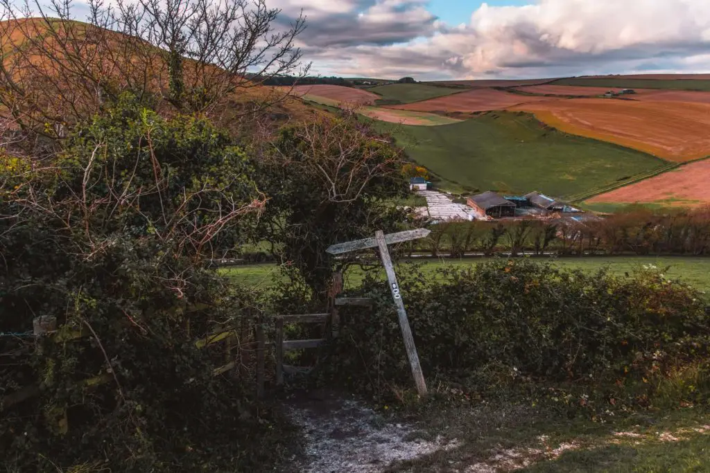 The falling down signage pointing the way on the Lulworth Cove hike, with the orange and green rolling hills in the background.