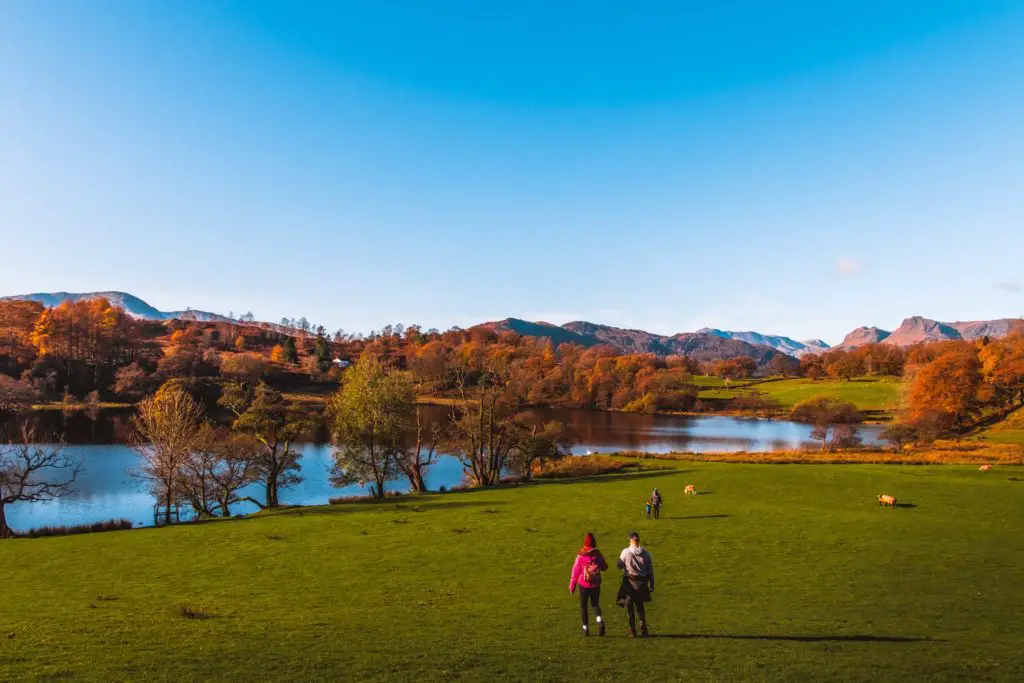 A walk in a green field with Loughrigg Tarn up ahead, and mountains in the distance. There are a few people walking on the green.