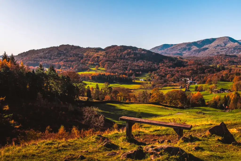 A wooden bench with a view down to the green fields and autumn orange trees in the Lake District. There are hills and mountains in the background.