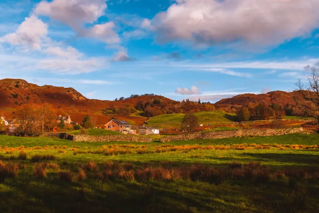 Green fields with orange foliage and some cute houses on the walk from Ambleside to Elterwater.