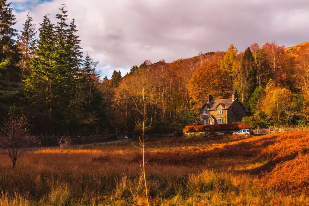 A house in the lake district surrounded by trees in shades of green and orange.