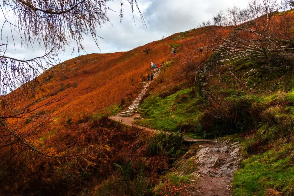 A trail going uphill on the circular walk from Ambleside to Elterwater via Loughrigg Tarn in the Lake District.