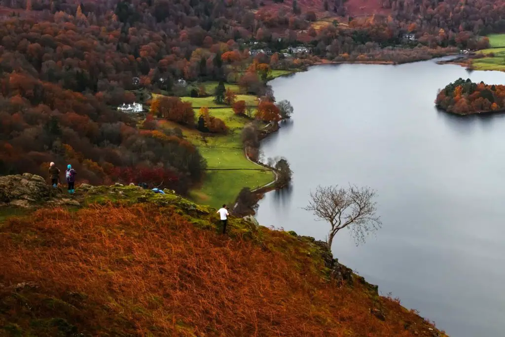 Looking down to Grasmere and a man taking a photo of a leafless tree perched on the edge of the hill.