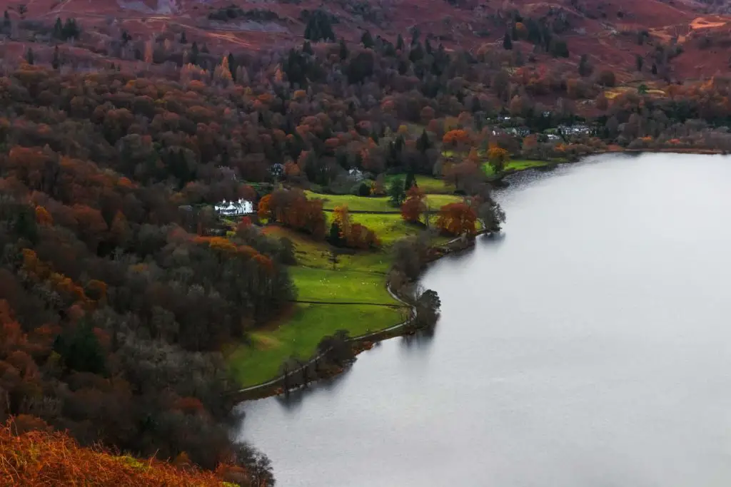Grasmere where the land meets the water in the Lake District.