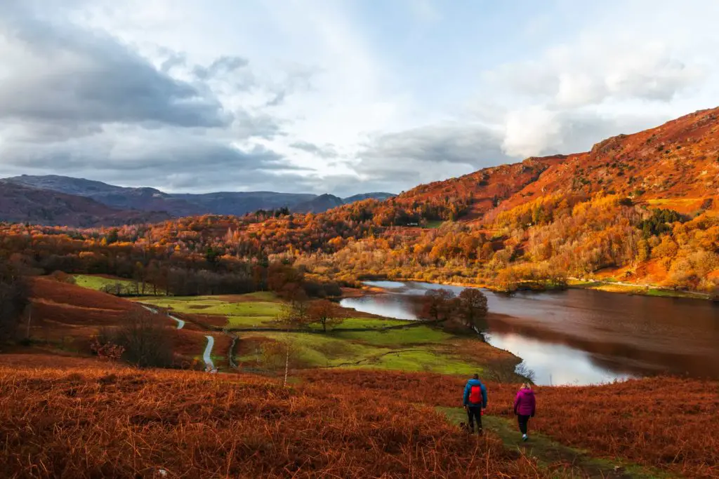 Two people walking on a green grassy trail with a backdrop of mountains and trees in the Lake District.