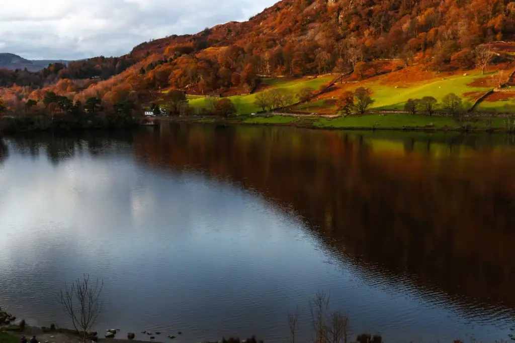 Rydell water with a shadow cast over it causing a two tone effect in the Lake District.