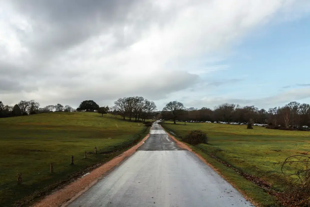 A long road with green open fields on either side on a cloudy day.