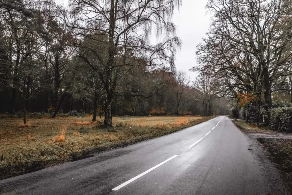 A long straight road next to a green with patches of orange grass.