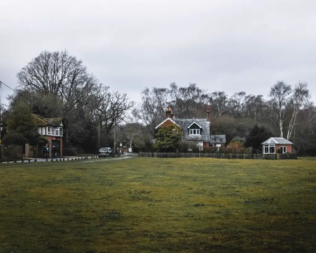 Houses on the other side of the green at the start of the circular Brockenhurst village walk.