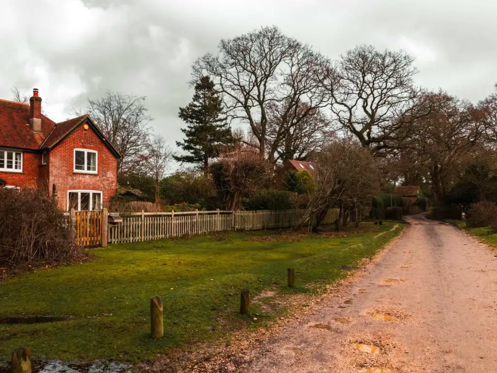 A first trail running alongside a small green and some homes and trees in the New Forest.