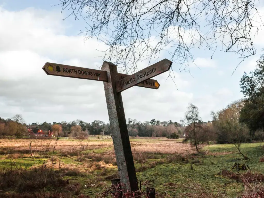 A donkey signpost pointing the direction of the North Downs way at the start of the walk from Farnham to Guildford. 