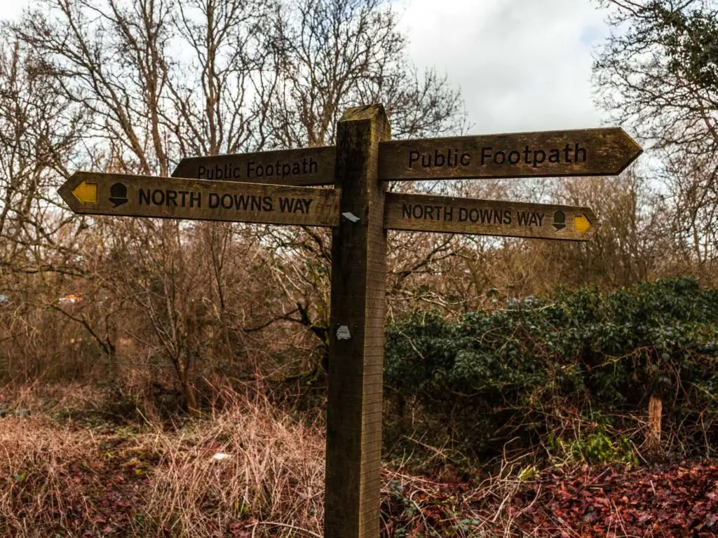 North Downs Way signpost on the walk from Farnham to Guildford. 