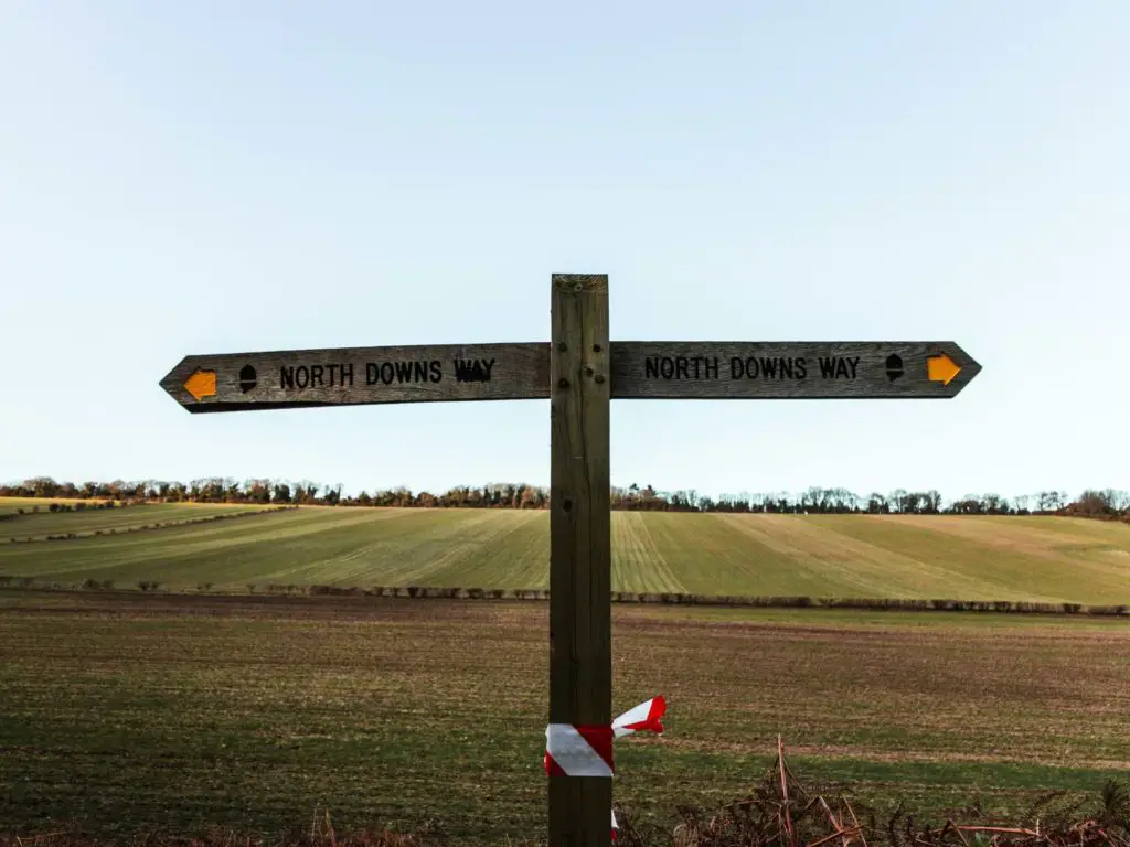 North Downs Way signage towards the end of the walk from Farnham to Guildford.