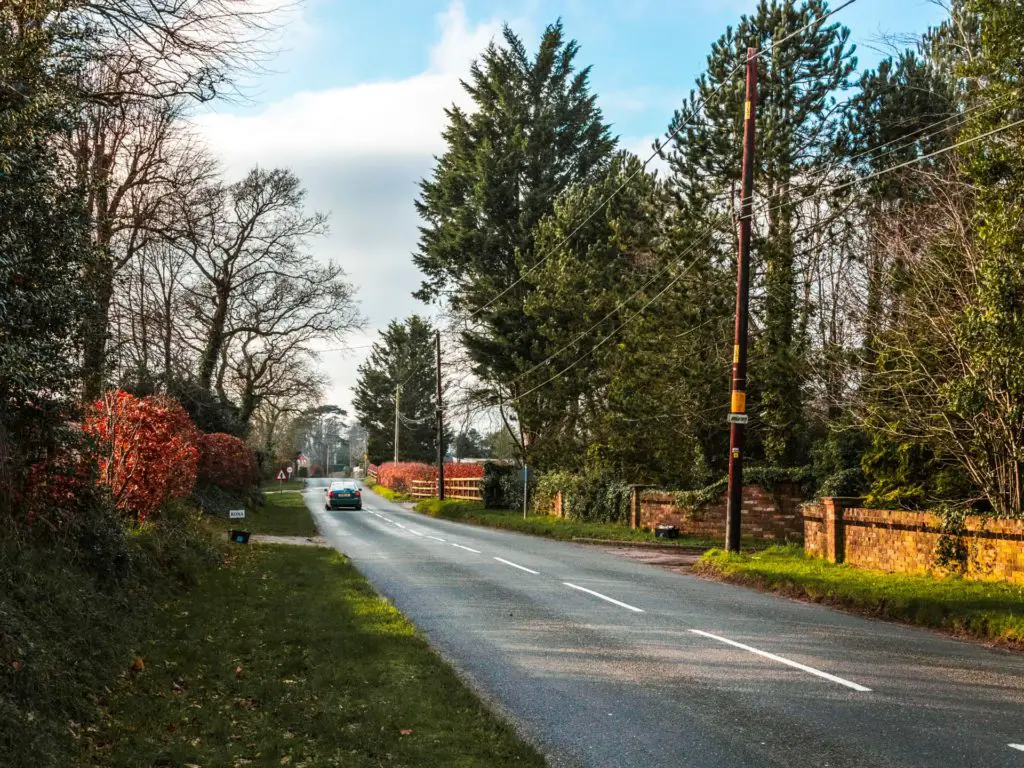 A road in the New Forest with a car driving along it. There are a few trees on the side of the road and the sky is blue with a few white clouds.
