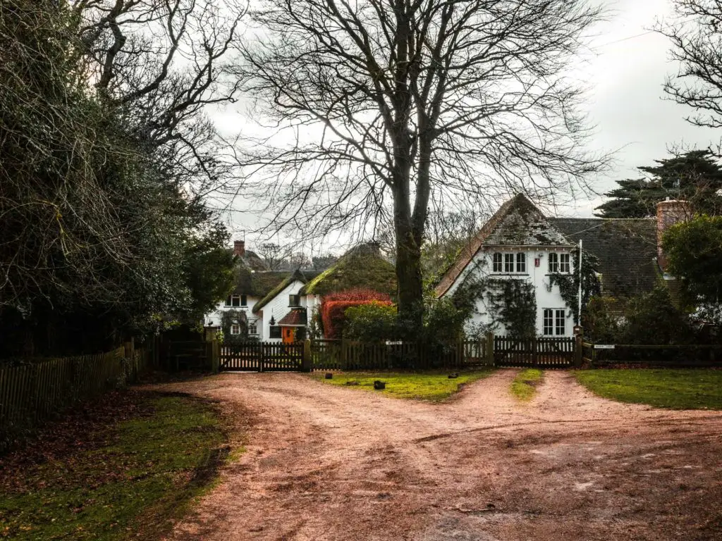Cute white homes in the New Forest along the walk from Brockenhurst to Lymington.