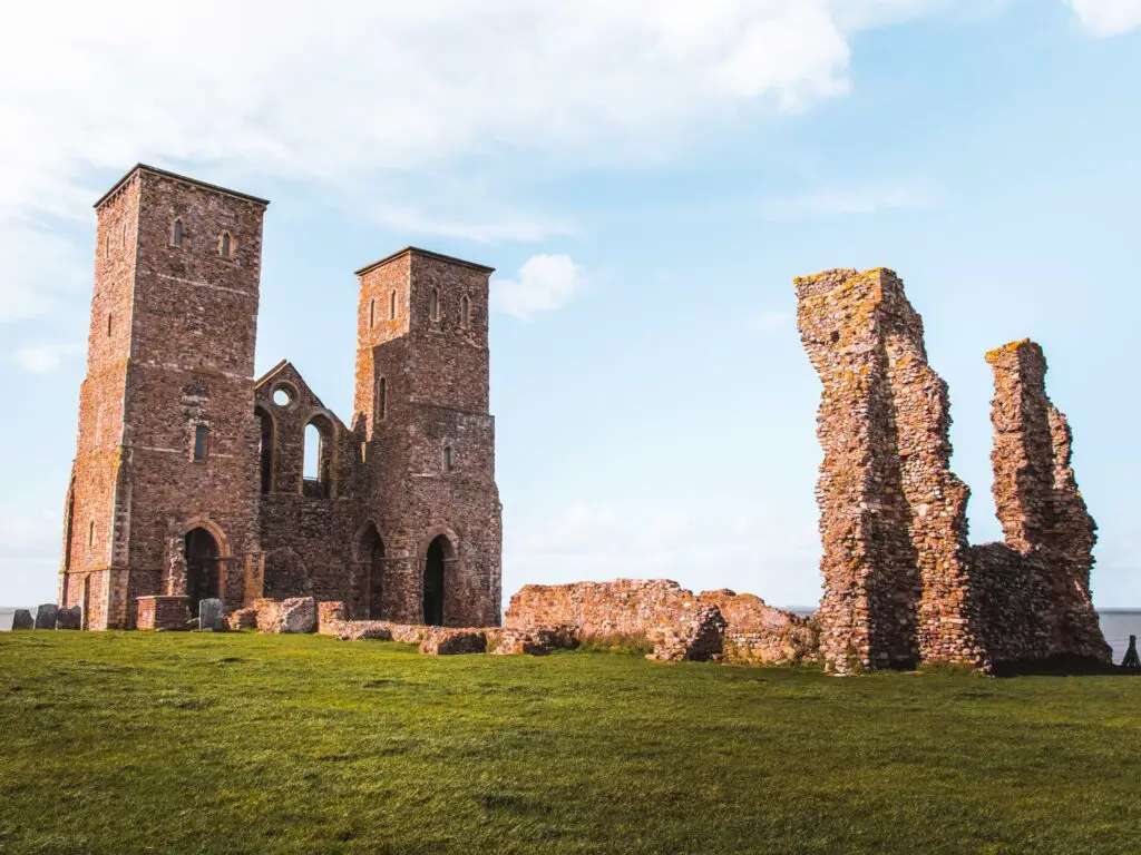 The Reculver Towers on a grassy patch on the walk from Herne Bay to Margate.