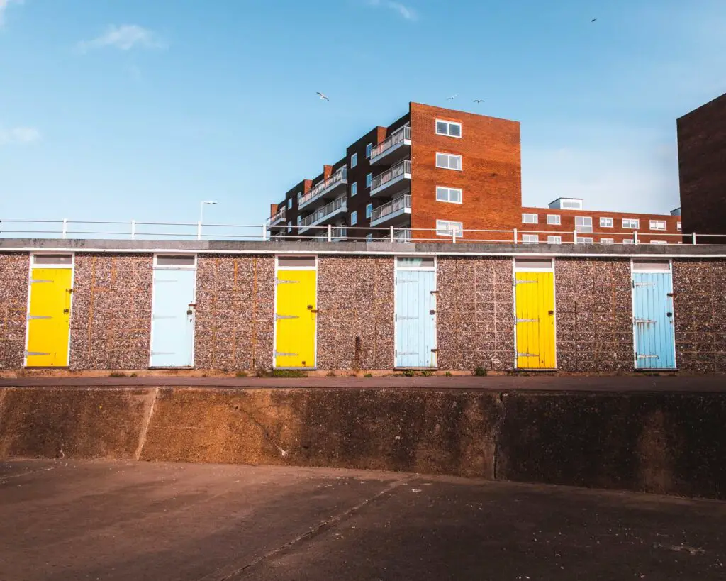 Colourful doors build into concrete.