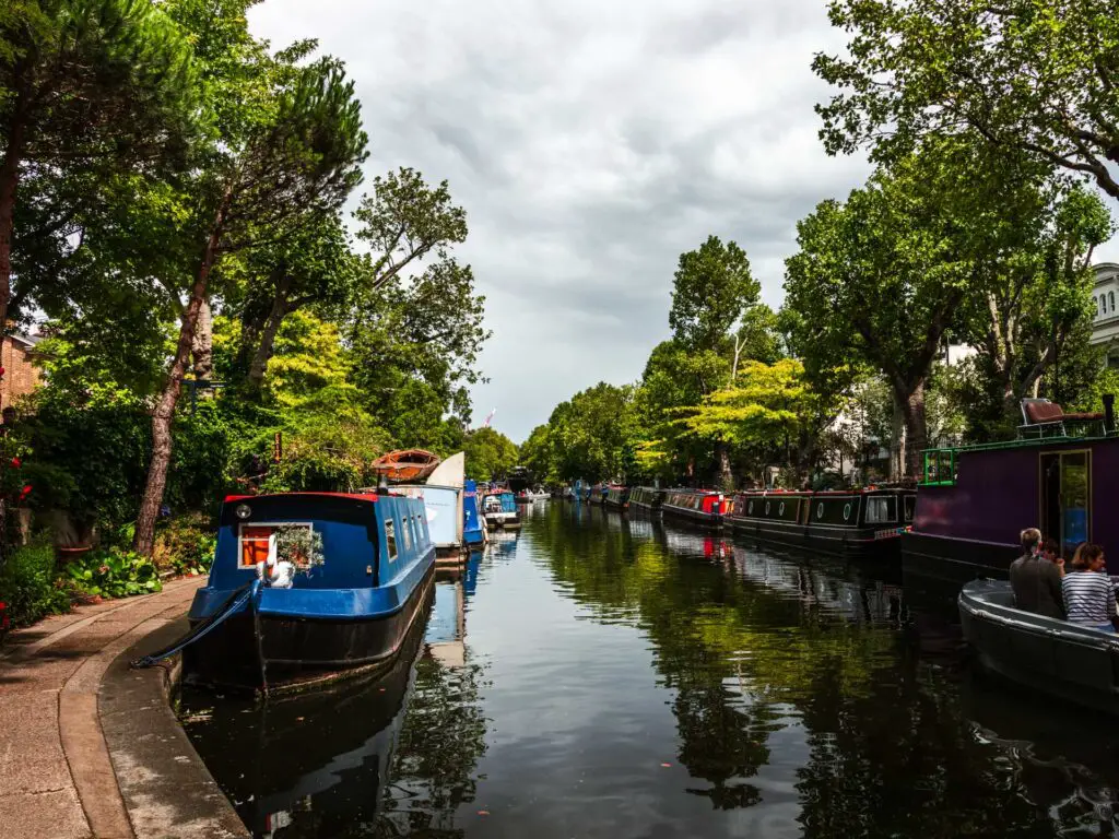 The canal boats lining the canal in Little Venice, London.