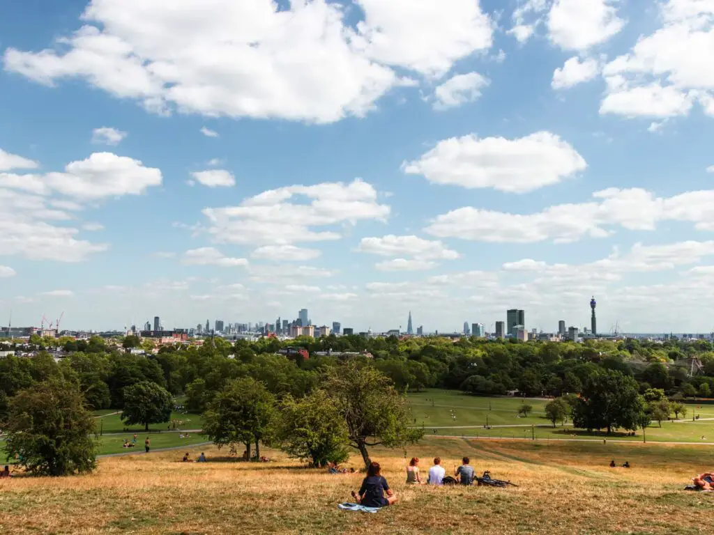 The view of the london skyline from the top of Primrose hill, at the end of the walk from Regents Park.
