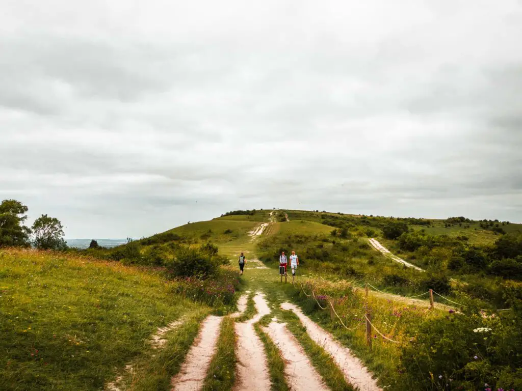 A walking trail over the green hills of the Chilterns with a few people walking on it.