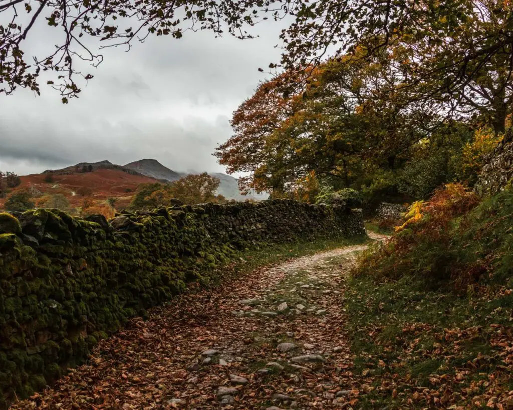 A gravel, rocky trail leading uphill, with a stone wall on the left and grass on the right. The stone wall is covered in green moss. There is a mountain view in the distance with cloud and mist partly covering it.