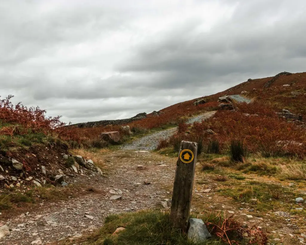 A wooden stub signpost on the gravel trail, with a yellow arrow on it marking the walk back to Ambleside from Sweden Bridge.