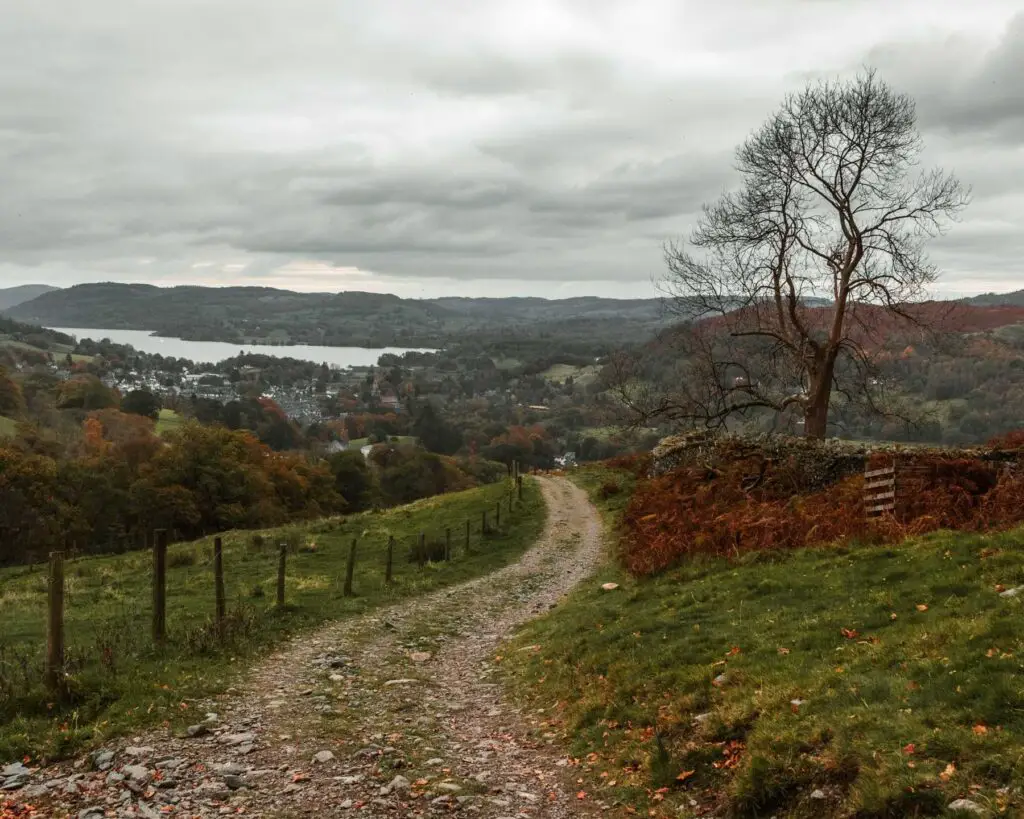 a trail winding downhill with a barbed wire fence on the left. There is green grass on both sides of the trail and a view down to Lake Windermere in the distance. city is a cloudy day.