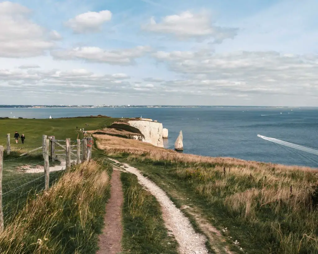 The walking trail leading through grass with the blue sea and white cliffs of Old Harry Rocks in the distance.